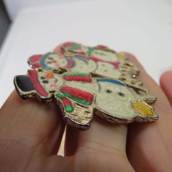 Vintage Enamel Snowman Family Winter Holiday Brooch Lapel Pin - Picture 6 of 10